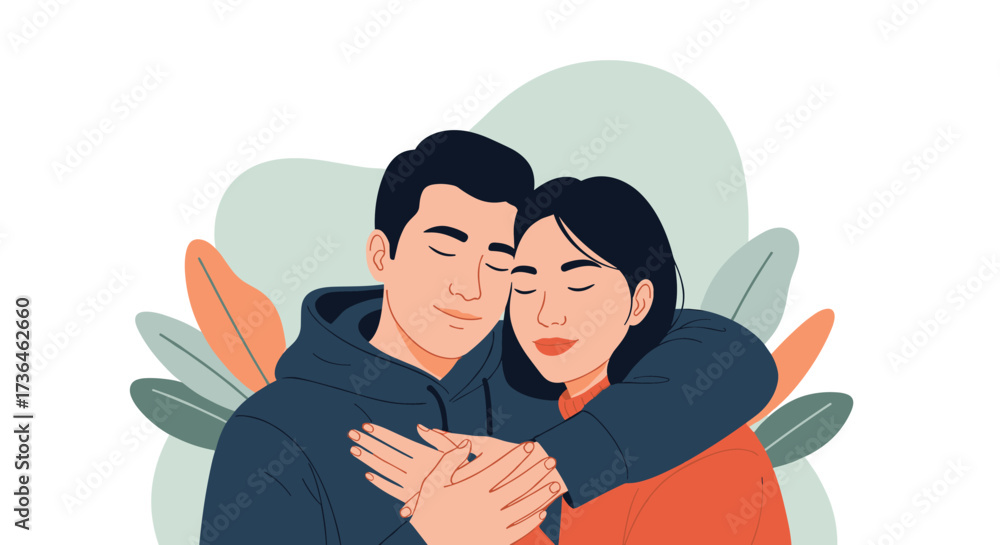 Obraz premium A loving embrace between a man and woman surrounded by natural elements.
