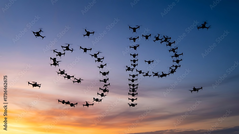 Obraz premium Drones form letters against twilight sky aerial formation