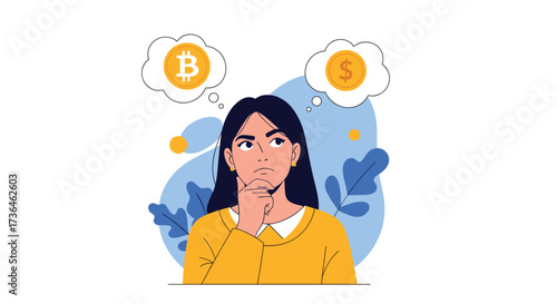 A young woman thoughtfully considers investing in cryptocurrency versus traditional currency.
