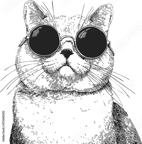 Cat sketch hand drawn wearing sunglasses cool detailed portrait — stock vector
