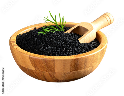 Rustic Wooden Bowl Filled with Nigella Seeds and Herb Sprigs