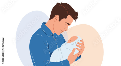 A loving father holds his newborn baby in his arms gently.