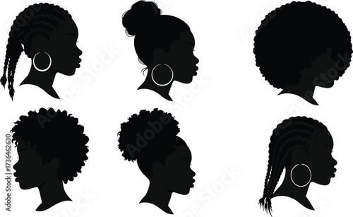 Black hair silhouette, diverse hairstyles, natural texture, cornrows, afro, puff bun, hoop earrings, side profile, vector art, beauty