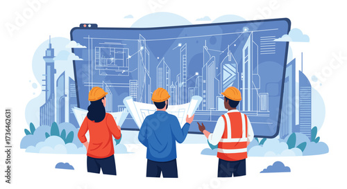 Architects and engineers collaborating on a blueprint of a modern city skyline.