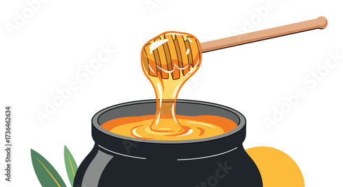 A delightful honey dipper lifting golden honey from a dark pot.