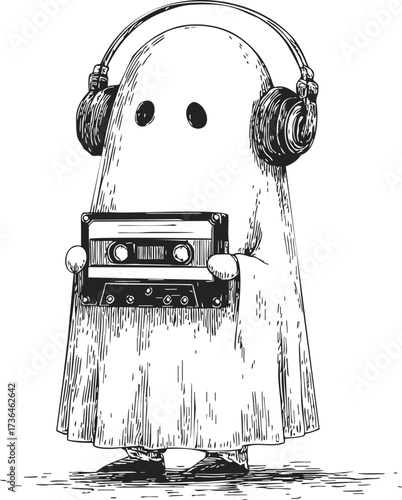 Ghost with headphones holding cassette tape, sketch hand drawn style, retro music concept — stock vector