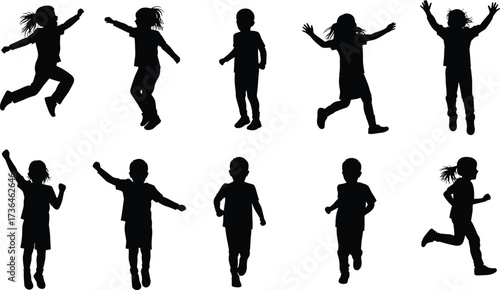 Children silhouette, active poses, black vector art, jumping, running, walking, playful movement, child development, energetic gesture, motion study