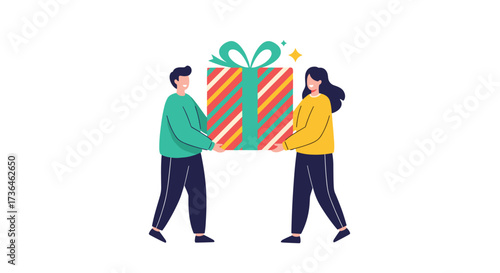 Two people carrying a wrapped gift together for a special occasion.