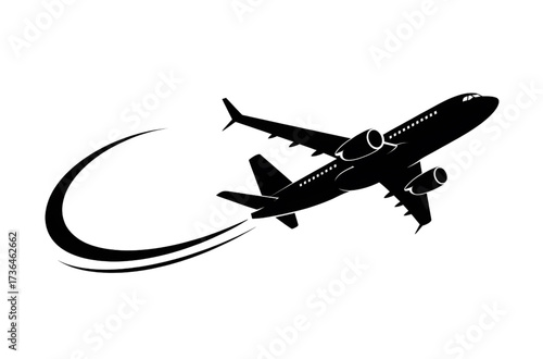 Dynamic airplane silhouette taking flight, aviation journey, travel destination, soaring high with jet stream, modern aircraft design for airline promotion