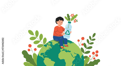 Young person sitting on the earth holding a plastic bottle with recycling symbol surrounded by plants and flowers.