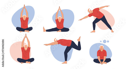 Older adult performs various yoga poses promoting flexibility and balance for a healthier lifestyle.