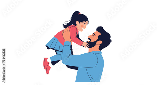 A father happily lifts his smiling daughter in the air during a playful moment together.