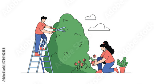 Two people are working together to prune and tend to a large green bush in a garden.