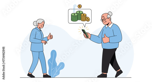 Elderly couple discussing financial planning and investment strategies on a mobile device.