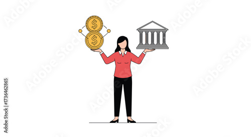 A woman balances a pile of coins and a bank building on her hands.