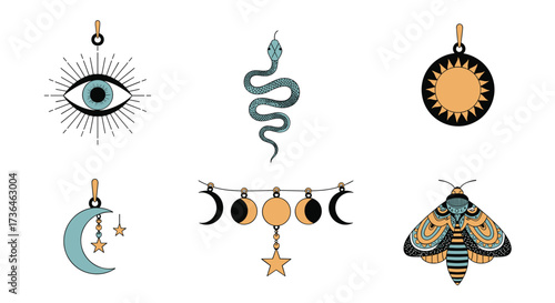 A collection of mystical and celestial charms including an eye moon snake sun and moth.