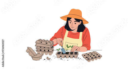 A person is planting small seedlings in cardboard egg cartons.