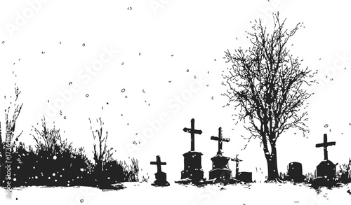 Graveyard sketch hand drawn with tombstones, bare tree, and falling snow — stock vector