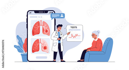 Doctor using a digital health app to explain lung health to an elderly patient.