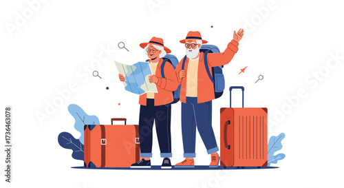 Elderly couple with backpacks and suitcases ready for a grand adventure.