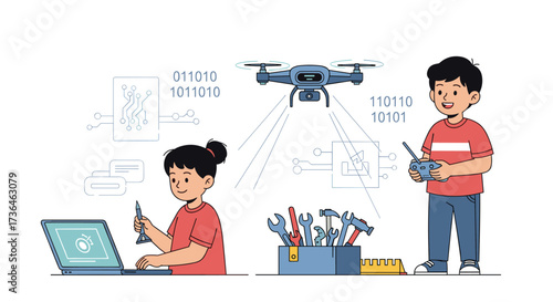 Children learning to build and control drones using technology and coding skills.
