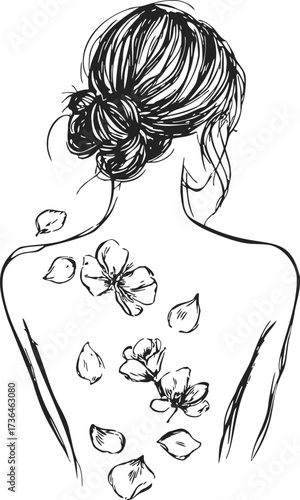 Woman back sketch, hand drawn style with floral petals and messy bun — stock vector