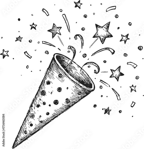 Party popper sketch hand drawn with confetti and stars bursting out — stock vector