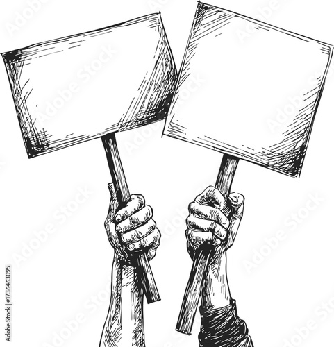 Protest signs sketch, hand drawn style, two raised hands holding blank placards — stock vector