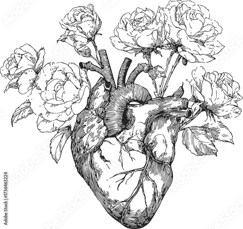 Anatomical heart sketch with blooming roses, hand drawn line art floral fusion — stock vector