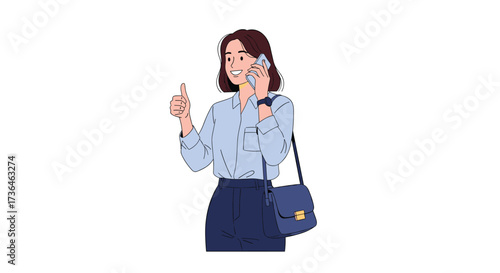 A young woman in business attire speaks on her phone and gives a thumbs up gesture with her free hand.