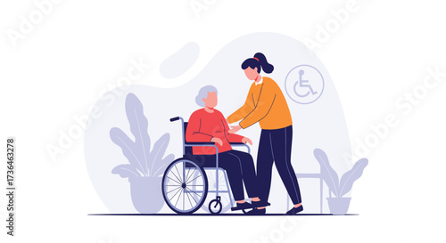 A caregiver assists an elderly woman in a wheelchair in a comfortable home setting.