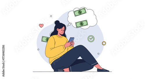 A young woman is thinking about money while looking at her phone.