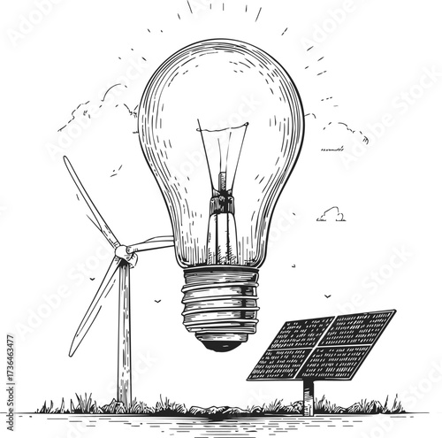 Light bulb sketch with wind turbine and solar panel, hand drawn renewable energy concept — stock vector