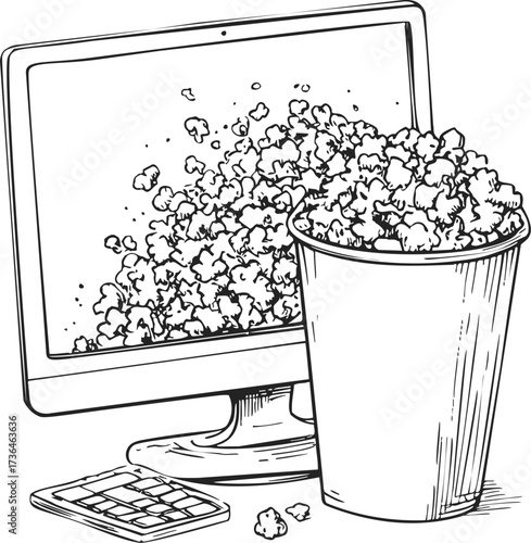 Popcorn overflowing from computer monitor sketch, hand drawn style, humorous digital scene — stock vector
