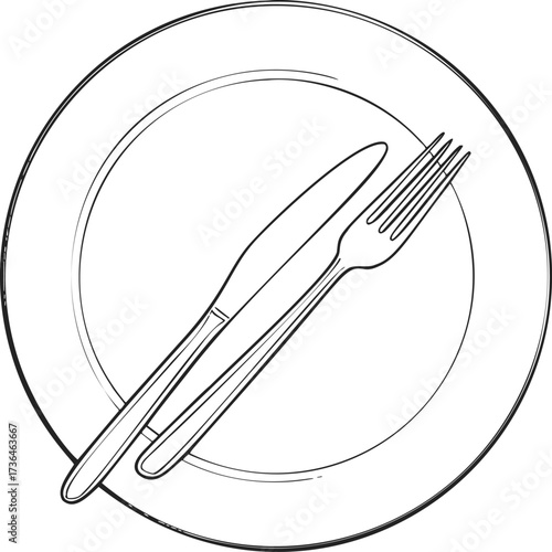 Fork and knife on plate sketch, hand drawn table setting — stock vector