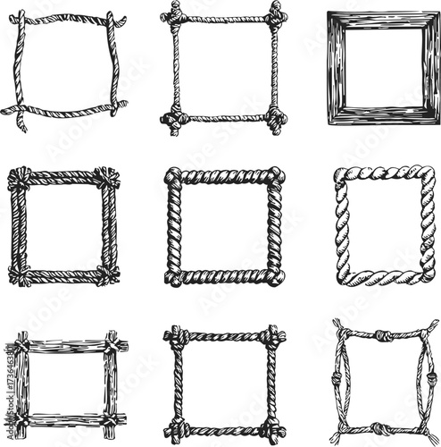 Rope frame sketch hand drawn set of nine square borders — stock vector