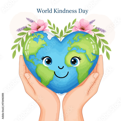 Vector art of world kindness day illustration featuring a heartshaped earth held by hands, adorned with flowers and leaves