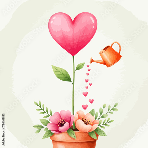 Vector art of heartshaped flower growing in a pot, watered by a watering can, symbolizing love and growth