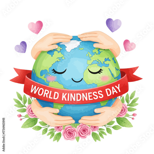 Vector art of world kindness day illustration with earth globe, hands, hearts, ribbon, and flowers for banner, poster, and card