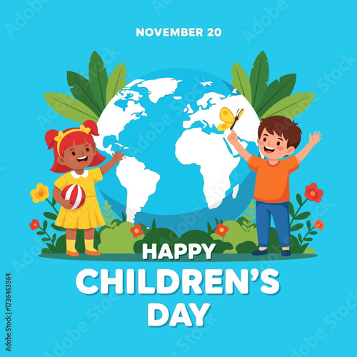 Vector art of celebrating the joy of childhood on world childrens day with a globe, happy kids, and vibrant nature, promoting global awareness and unity