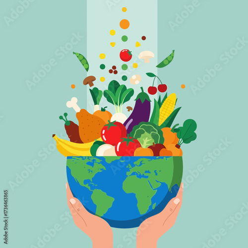 Vector art of world food day illustration with fruits, vegetables, and earth globe for banner, poster, and card to promote healthy eating