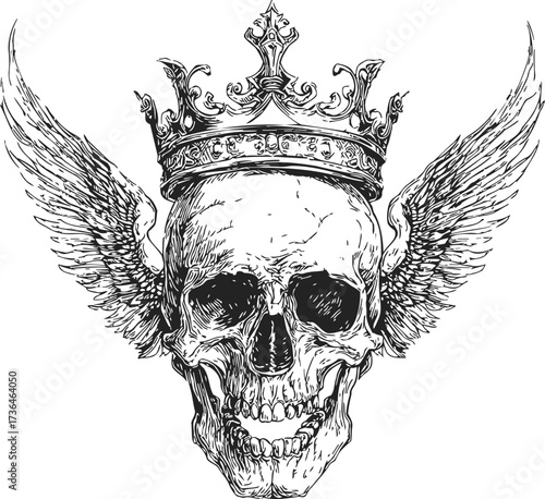 Skull with crown and wings, sketch hand drawn, detailed gothic tattoo art — stock vector