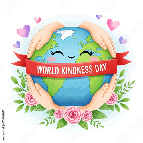Vector art of a cute illustration of the earth with hands holding it, surrounded by hearts, flowers, and a banner that says world kindness day