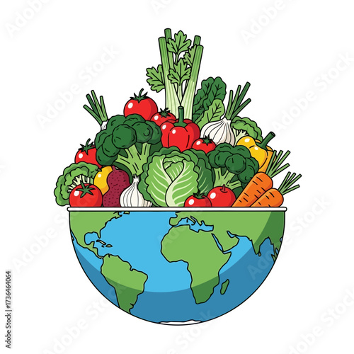 Vector art of a vibrant world globe overflowing with fresh vegetables, symbolizing healthy eating and sustainable agriculture