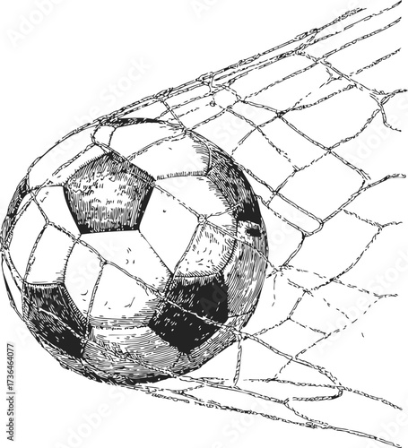 Soccer ball sketch hand drawn style hitting goal net — stock vector