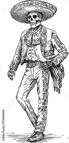Skeleton mariachi in traditional charro suit sketch, hand drawn style, standing pose — stock vector