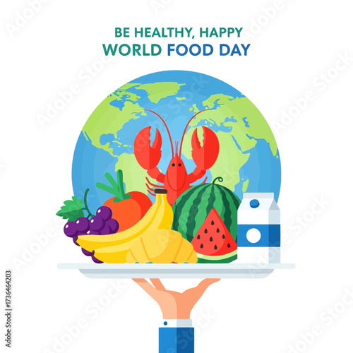Vector art of a vibrant illustration for world food day, showcasing fresh fruits, a lobster, and a milk carton on a plate