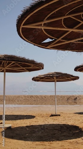 Lots of straw umbrellas on a sandy beach near Dead Sea, beach holidays in Israel. Vertical video