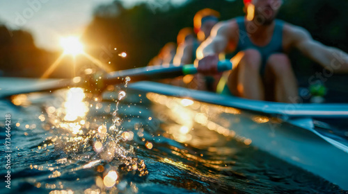 Team of athletes rowing across a lake at sunset with water splashes in motion