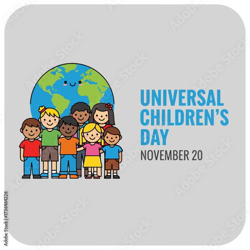Vector art of a group of diverse children standing in front of a globe for universal childrens day on november 20, promoting global unity and child welfare
